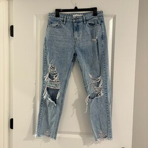 Hidden High Rise Slim Boyfriend Jeans Rainbow Thread Distressed